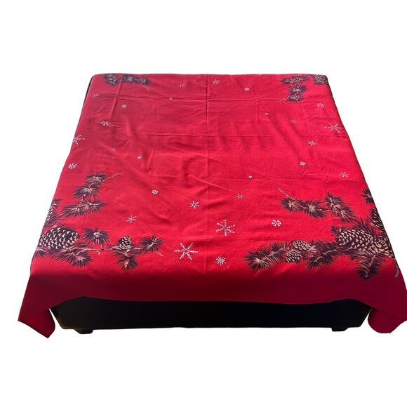 Vtg Christmas CALIFORNIA HAND PRINTS Tablecloth circa 1950's 50" x 52" Red Gold - Picture 4 of 14